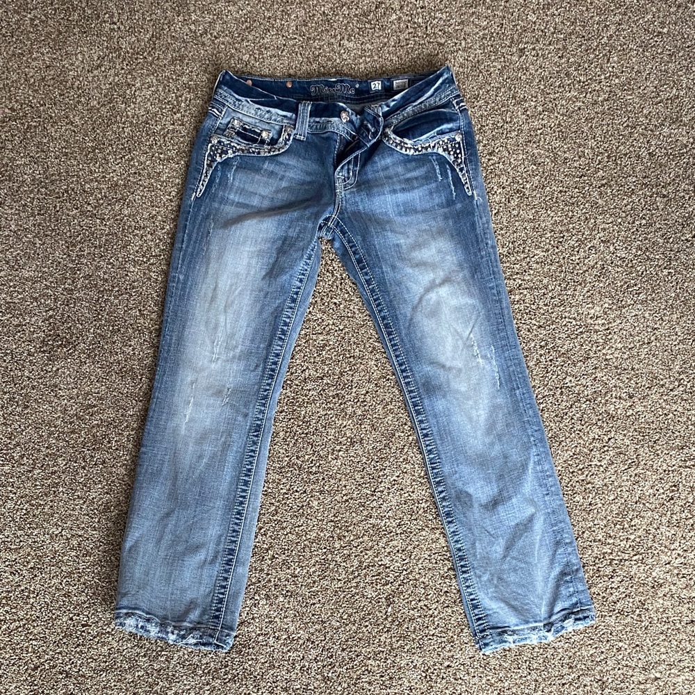 Miss Me Blue Straight Leg Jeans with Silver Accents